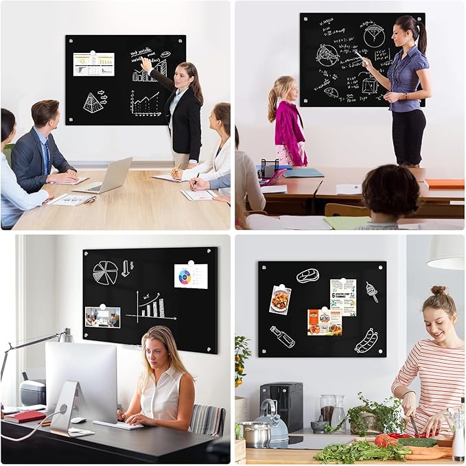 Black Dry Erase Board, 24" x 18" Magnetic Glass Whiteboard for Wall, Black Glass White Board with 1 Marker Tray and 3 Magnets for Office, Home, Classroom