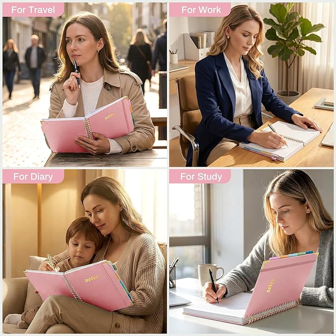 Hardcover Spiral Notebooks 8.5" X 11" Note Taking 5 Subject Notebook College Ruled with Dividers 240 Pages 100GSM Aesthetic Spiral Notebook for Work School Cute Journals for Women Writing, Light Pink