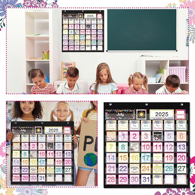 119 Pcs Classroom Calendar Pocket Chart Black Monthly Bulletin Board Set Seasons Festival Weather Farmhouse Calendar Set for Classroom Decoration Back to School Supplies(Wildflower)