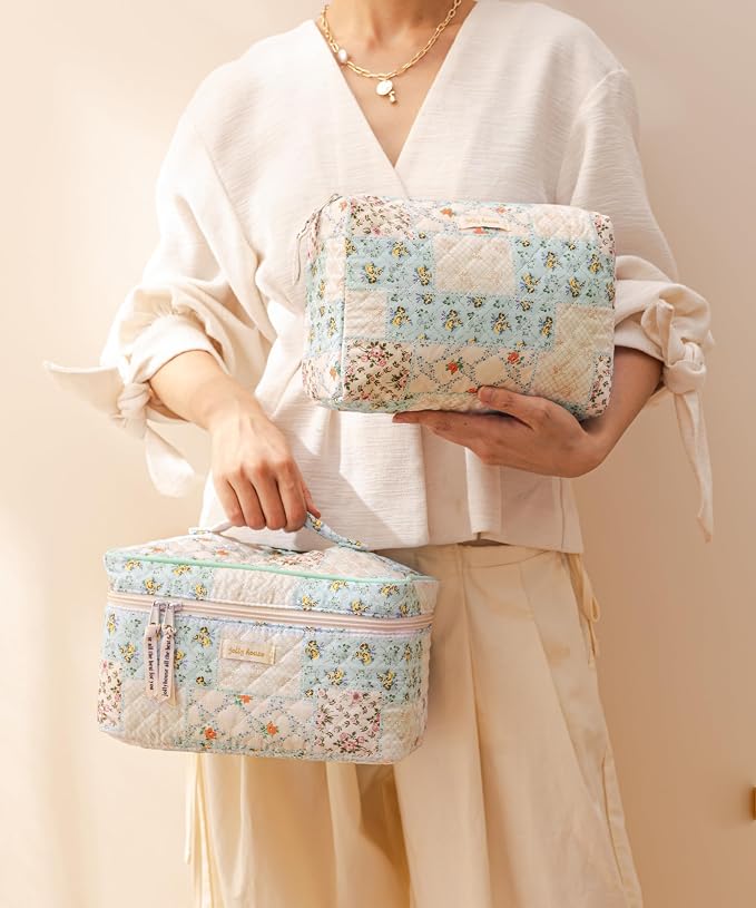 HBselect Quilted Makeup Bag, 3Pcs Cotton Large Travel Makeup Bags Organizer | Cute Floral Make up Bag Cosmetic Bag Toiletry Bag for Women Girls, Makeup Pouch for Skincare, Brushes & Travel Essentials