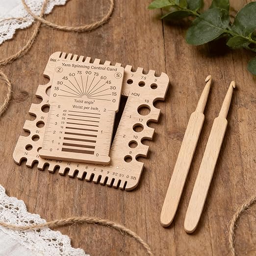 4PCS Wooden Knitting Gauge Tools, Stitch Counter Spinner Yarn Measure Tool, 4 Styles Yarn Winding & Needle Size Measure Rulers, Measuring Tool for Crochet & Weaving, Multi-Size Holes for Needles