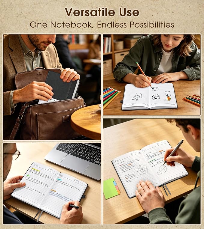 Lined Journal Notebook, A5 Hardcover Leather Journals for Writing, 160 Numbered Pages, 5.7'' x 8.3'' Journaling Notebooks for Men Women, Thick Paper College Ruled Journal for Work Office School, Black