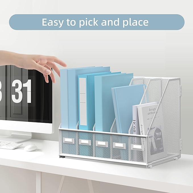SUPEASY Desk Organizers Metal Desk Magazine File Holder with 5 Vertical Compartments Rack File Organizer for Office Desktop, Classroom, Home Workspace, White