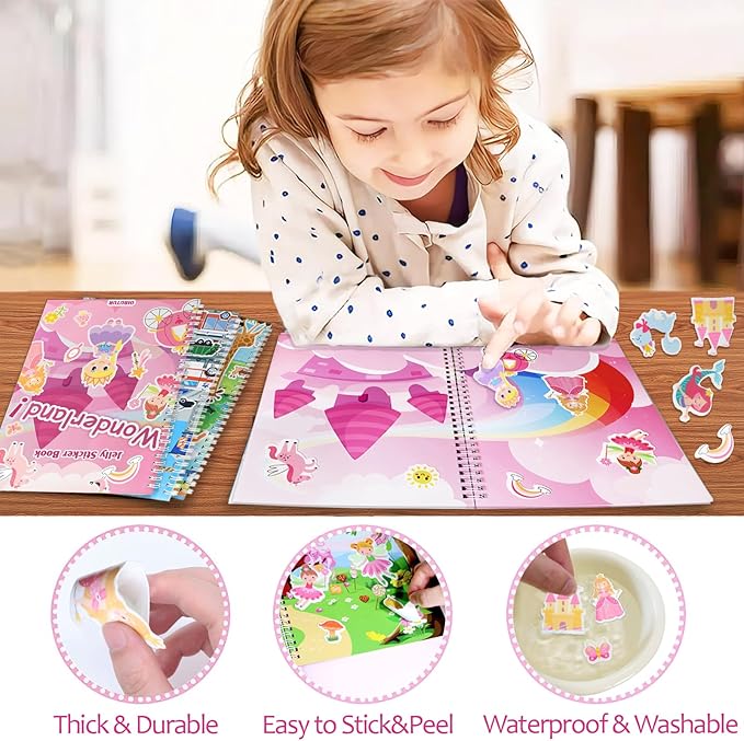 Jelly Sticker Books for Toddlers 2-4 Years, Reusable Sticker Book for Kids 1-3, Toddler Easter Basket Stuffers&Travel Essentials Princess Stickers Toddler Plane Activities (Wonderland)