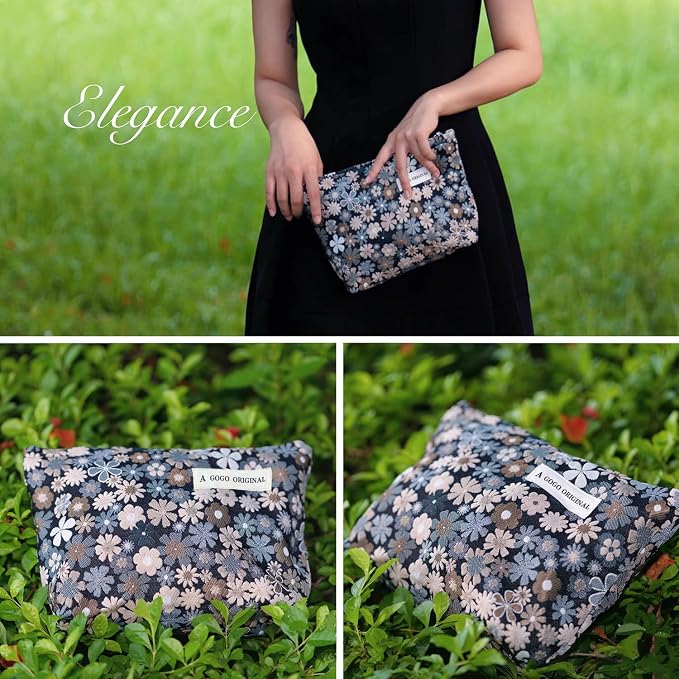 STARDW Cute Floral Makeup Bag Organizer Travel Cosmetic Pouch for Women | Aesthetic Cosmetic Bag with Zipper, Large Capacity Travel Toiletry Bag, Purse Organizer Pouches, Canvas Lining