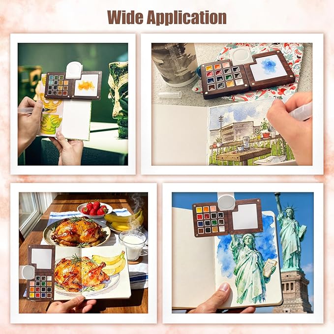 Mini Watercolor Travel Set,Portable Watercolor Kit,15 Grids Portable Wooden Paint Palette with Bag,12 Paint, 4 Brush, Cleaner Cup,2 Sketchbooks Magnetic Clip,Watercolor for Painters,Beginners,Artists