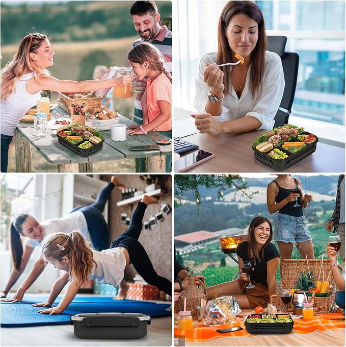Yumuk Bento Box for Kids 1300ML with 4 Compartment & Cake Cups, Black | Lunch Box Containers for Adults/Kids/Toddler, Leak-Proof, Microwave/Dishwasher/Refrigerator Safe, BPA Free