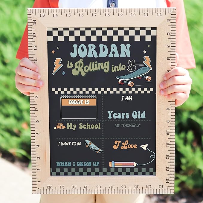 First Day of School Sign (11.5"x15"), Reusable Chalkboard, Easy to Clean with Real Wooden Ruler Frame, Perfect for Back to School, First Day of Kindergarten (Skateboard)