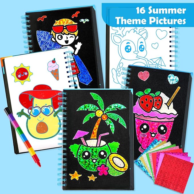 FUNNYB&G Foil Art Craft Kit for Kids 4-10 Years Old: Mess-Free & No-Glue, Create 16 Sparkly Happy Summer Pictures – Perfect Travel Toy & Birthday Gift for Kids(Summer