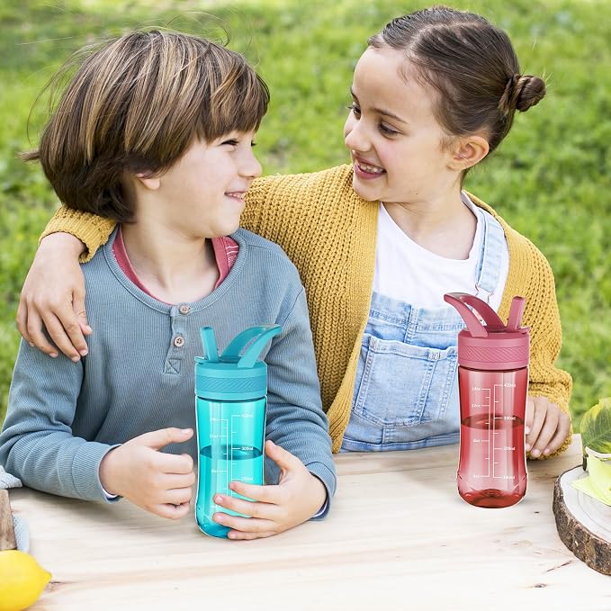 14oz Clear Kids Water Bottle with Straw Lid, BPA-Free Tritan, Measurement Scale, Sturdy Handle Wide Mouth Leak-proof Reusable Plastic Bottle for Boy& Girls, Back to School(Red)