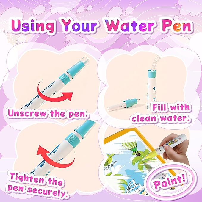 Reusable Water Coloring Books for Toddlers 1-3 with 18+ Stickers & No-Mess Pen, Traffic Theme Water Coloring Books for Toddlers 1-3, Magic Paintless Painting Book for Toddler, Paintless Painting Book