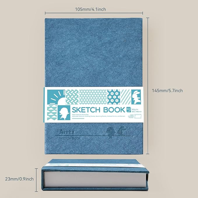 Arrtx Premium A6 Sketchbook 5.8"x4.1" - 60 Sheets/120 Pages, 180gsm Acid-Free Paper Blank Sketch Book, Hardcover Portable Artist Sketch Journal for Drawing, Illustration & Travel