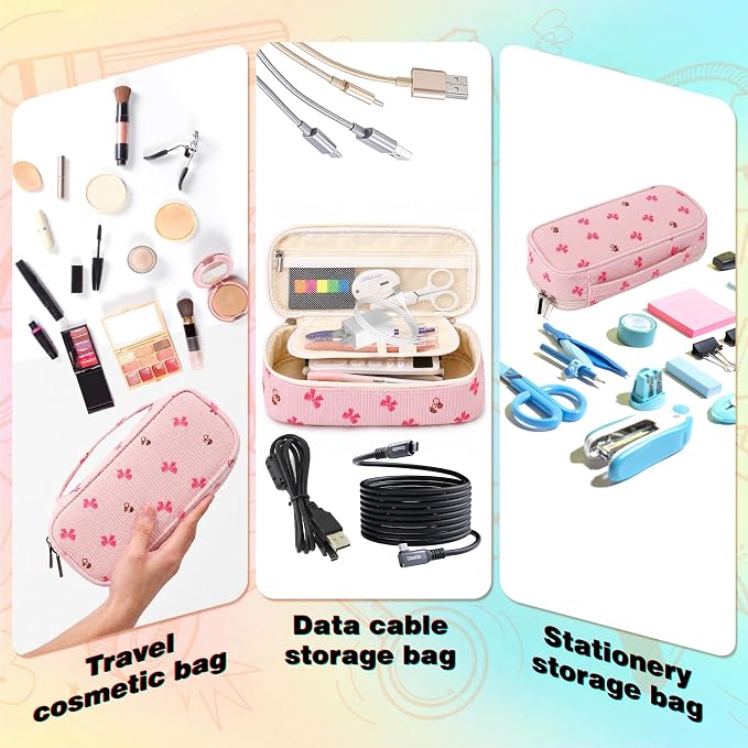 Big Capacity Pencil case,Soft Corduroy Pencil Bag,Cute Pen Case with Handle,5 Compartments, Wide Opening Pen Pouch Organizer for Teen Girls Women (Pink Bow With Cherry)