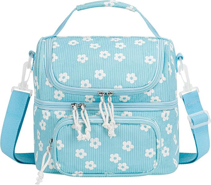 HowFly Lunch Bag for Women Insulated Lunch Boxes Corduroy Resuable Double Deck Lunch Box for Girls Teens Kigs Boys Portable Thermal Cooler Bags for School Work, Blue Flower