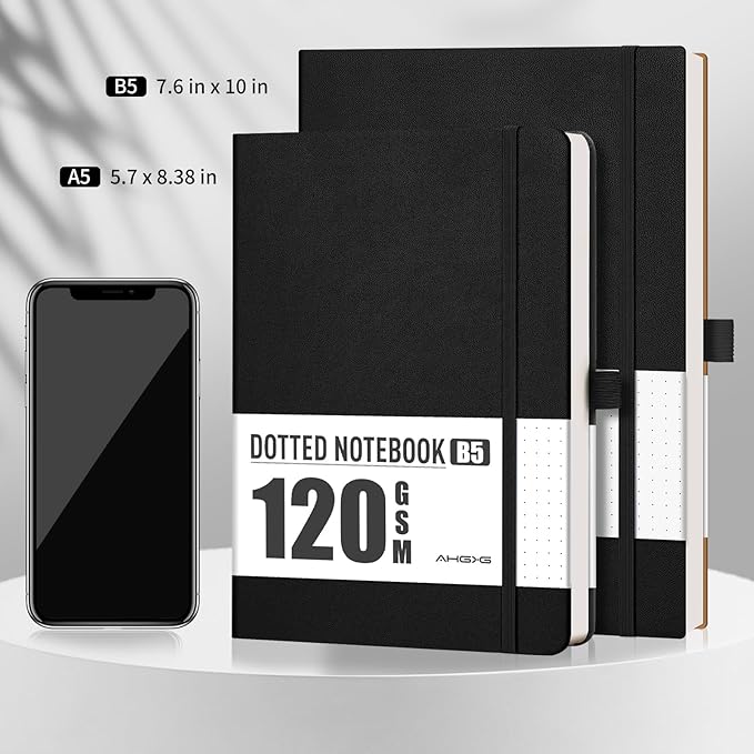 AHGXG Dotted Journal - Dot Grid Notebook Journal, 120 GSM Thick Acid-Free Paper, A5 Dotted Notebook 160 Pages, Leather Hardcover, Inner Pocket, Journal Stencil, 5.7'' × 8.3'', Black