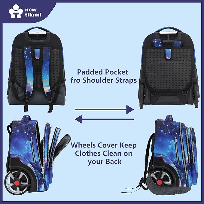 NEW TILAMI 20" Rolling Backpack for Teens Adults, Climbing Stairs Waterproof Backpack with Wheels for School Business Trave Camping with Laptop Compartment, Fit 17 Inch Laptop, Spacey Blue