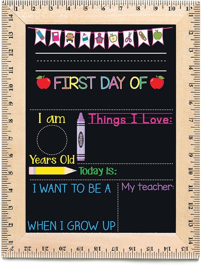 Bloom Owl First Day of School Chalkboard Sign - 11.5"x15" Reusable Back to School Photo Prop with Wooden Ruler Frame for Preschool, Kindergarten, and Beyond (Purple Crayon)