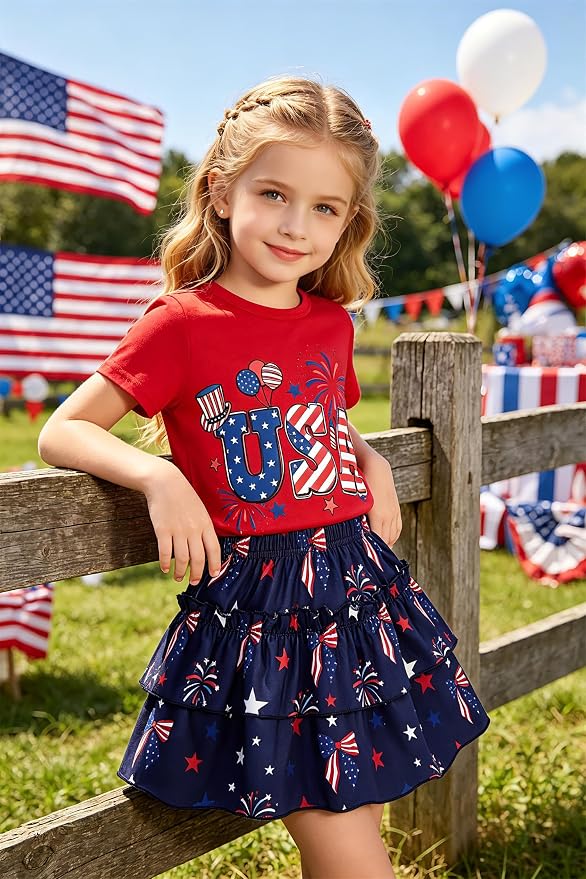 Little Girls Skirt Set - 2 Piece Short Sleeve Top Shirred Tiered Skirt Outfit Girls Spring Summer Clothes 3-8 Years