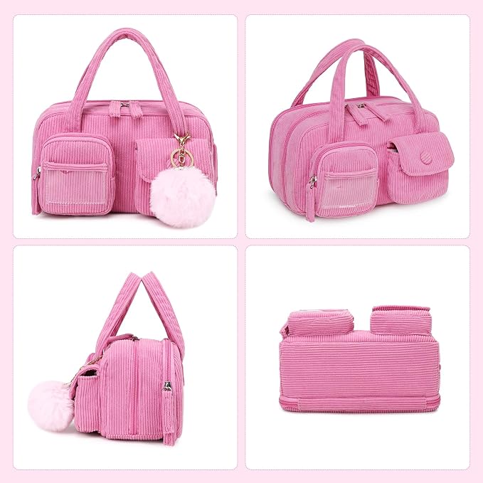 Pencil Case Corduroy Multiple Compartments Pouch Bag for Girl, Hot Pink
