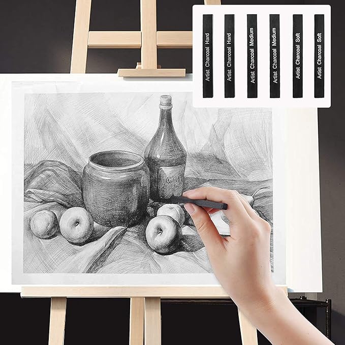 Artist Compressed Charcoal Stick Assorted Soft Medium Hard Artist Charcoal Medium for Drawing Sketching Shading, Art Supplies Sketch Kits Tools Pack of 6