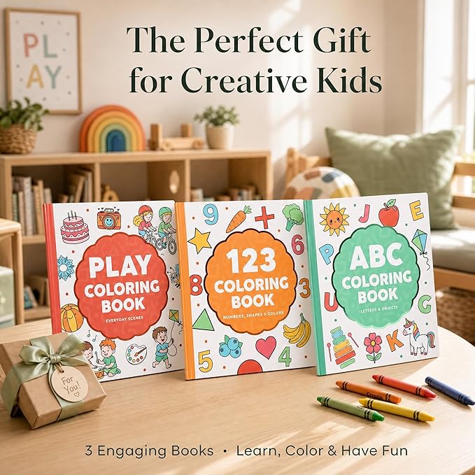 ZICOTO Fun Coloring Book for Kids - Set of 3 Cute Toddler Coloring Books with Big Simple Designs - Educational Activity Book with Themes for Alphabet, Numbers, Colors and Shapes for Boys and Girls