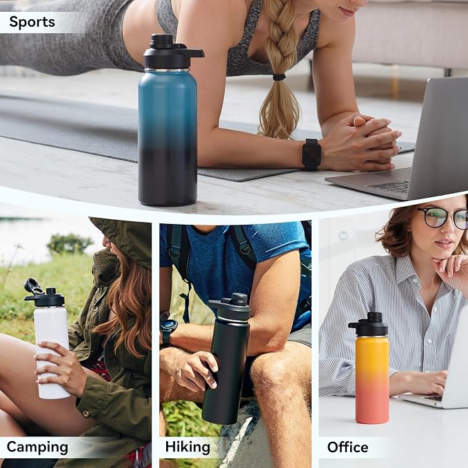 Fijinhom Insulated Water Bottle with Handle, 304 Stainless Steel Water Bottles with Wide Mouth, Double Wall Vacuum Sports Water Bottle, BPA Free, Keep Cold and Hot, 32 Ounces Black