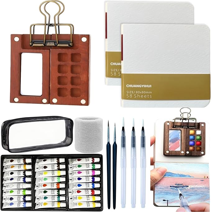 Mini Watercolor Set, Travel Watercolor Paint Set, Including 24 Watercolor Paints, Brushes, Sketchbook, And A binder Clip, Suitable For Adult Beginners, Artists, And Painting Enthusiasts