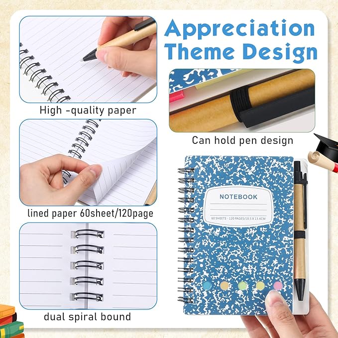 Dunzoom 24 Sets Spiral Notebook Bulk, Steno Pads Lined Notepad with Pen, Sticky Notes Colored Index Tabs, 5.2" x 4.1" Pocket Notebook for Home Business Office Supplies, 60 Sheets (Blue)