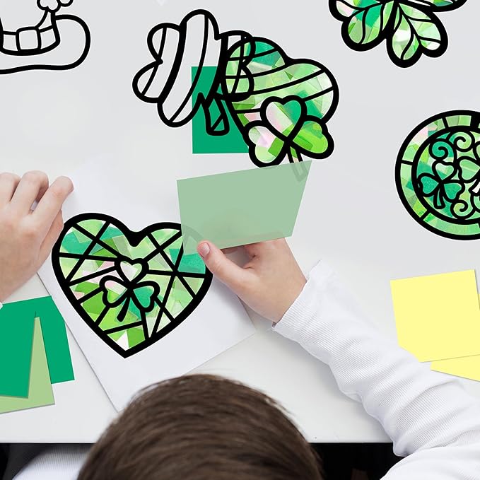 Renbuzhu 40PCS St. Patricks Day Crafts Bulk: Paper Shamrock Suncatchers, Saint Patrick's DIY Kits, Window Stained Glass Effect Art Supplies