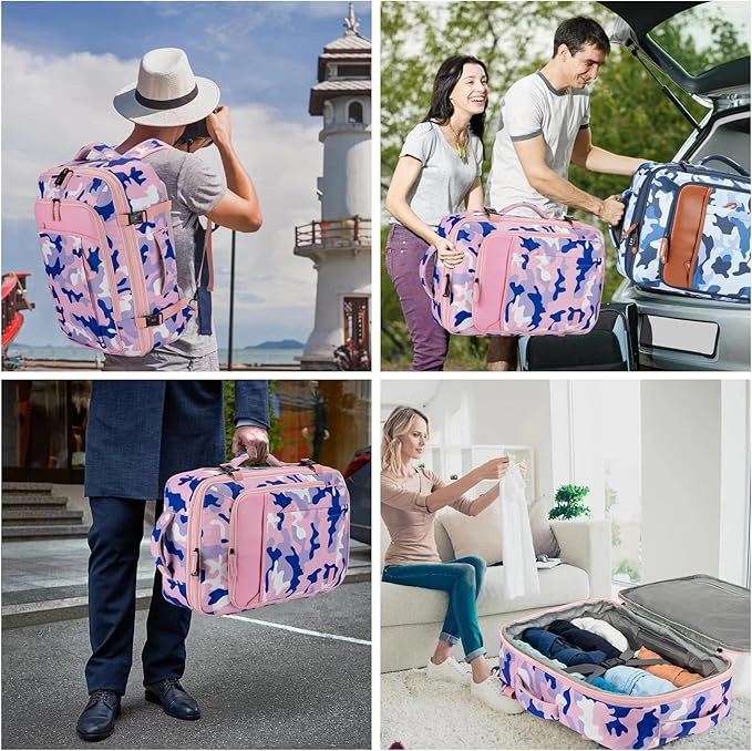 Lumesner Carry on Travel Backpacks, Extra Large 40L Flight Approved for Men & Women,Expandable Suitcase backpack (Camouflage Pink(Backpack With 4 Packing Cubes))