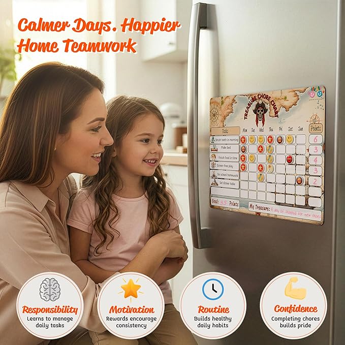 Mimi Doodle Magnetic Chore Chart for Kids – 16x12 Dry Erase Daily Responsibility Board for Fridge with 39 Chore tabs, 100 Reward Stickers – Behavior Chart for Kids at Home – Pirate Theme