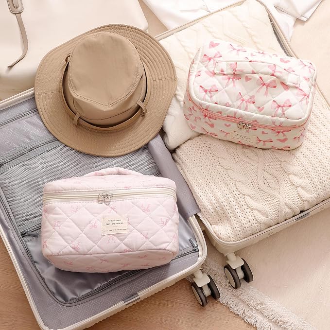uekeboag Large Travel Quilted Makeup Bag for Women | Soft Floral Cotton Cosmetic Bag, Foldable Coquette Aesthetic Toiletry Organizer