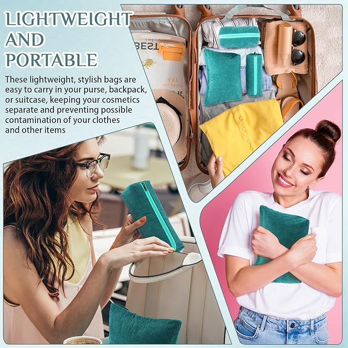 Huhumy 3 Pcs Makeup Bag Set for Women Corduroy Cosmetic Pouch Aesthetic Smile Travel Toiletry Bag Cute Purse Pouch Pencil Case Makeup Brushes Storage Organizer with Zipper(Dark Green,Solid Style)