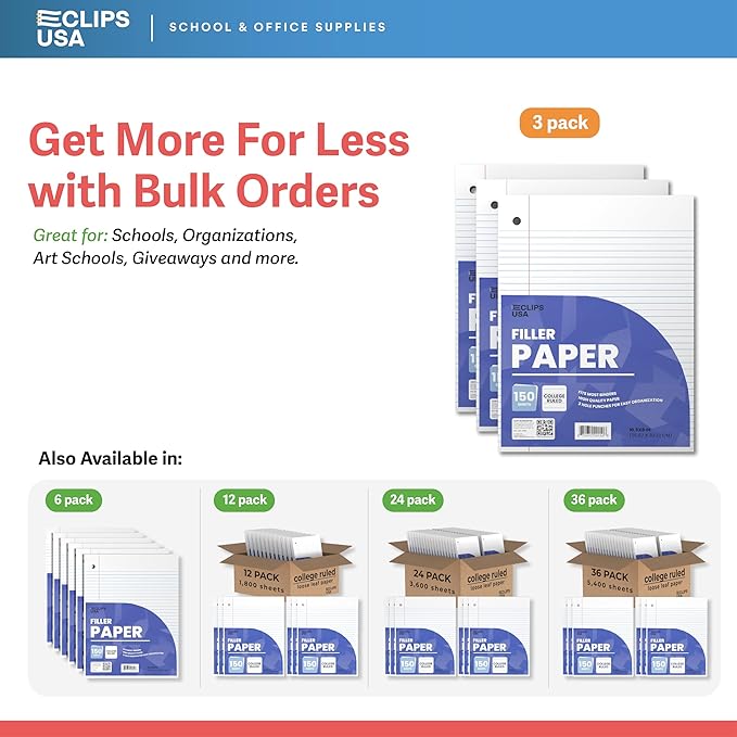 Loose Leaf Paper College Ruled Notebook Paper College Ruled Lined Writing Filler Paper 10.5” x 8” 450 Sheets 150 Sheets Per Pack 60 gsm (3 Pack)