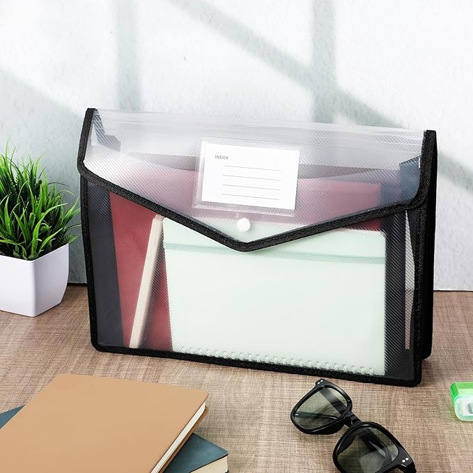 10 Pack Plastic File Folders, Transparent Expanding File Folder with Snap Closure A4 Size Waterproof Document Folder Large Files Folders Organizer for Receipt Office Supplies(Black, Horizontal)