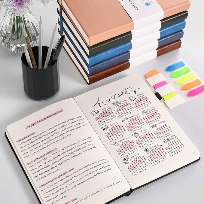 5 Pack College Ruled Notebook, 312 Numbered Pages Thick Notebooks Bulk, 100gsm No Bleed Paper Hardcover Leather Journal, Lined Journal Notebook Set for Women Men School Office, A5, Green