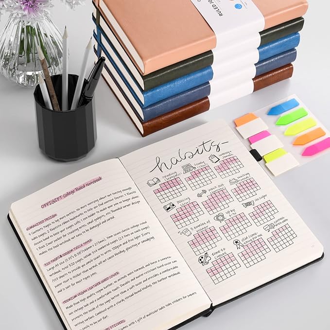 5 Pack College Ruled Notebook, 312 Numbered Pages Thick Notebooks Bulk, 100gsm No Bleed Paper Hardcover Leather Journal, Lined Journal Notebook Set for Women Men School Office, A5, Black