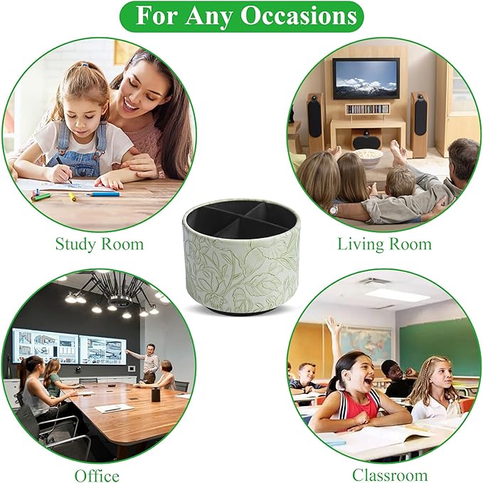 Round Leather Art Supply Organizer,Remote Control Holder,360 Degree Spinning,Multi-Functional Pencil Holder,4 Compartments Desktop Stationary Organizer(1-Carved Green)