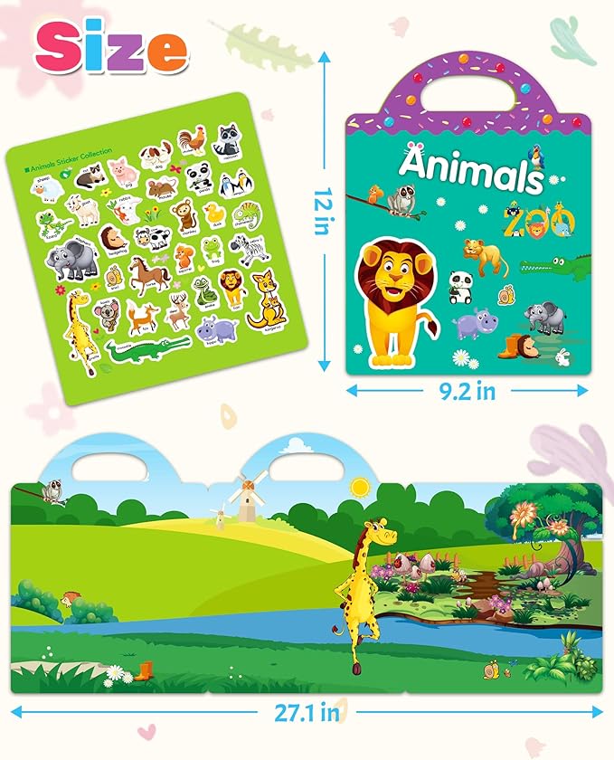 Benresive Reusable Sticker Book for Toddlers, Travel Stickers for Kids, Toddler Crafts Activities Toys, Birthday Gifts for Boys & Girls - Animals Zoo