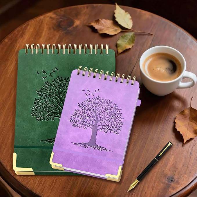 Mousbull A4 Top Spiral Notebook, Tree Pattern Large Leather Hardcover Left Handed Journal, 240 Pages 100 Gsm Lined Paper Top Bound Steno Pads for Work, School, Travel Writing - Green, 8.5" x 11"