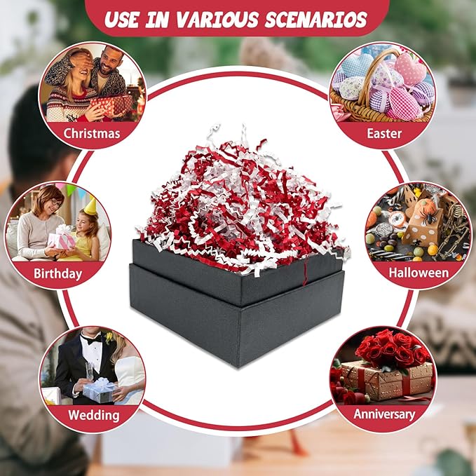 Tisspoms 1LB Red White Crinkle Cut Paper Shred Filler, Paper Shreds for Basket Fillers, Birthday, Gift Wrapping, Anniversary, New Years, Valentine's Easter Gift Decor Party Filler