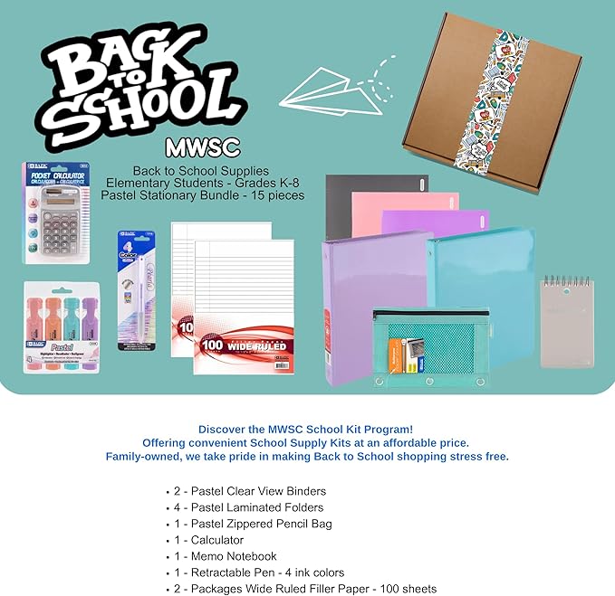 Back to School Supplies Elementary, Pastel Colors 15 count