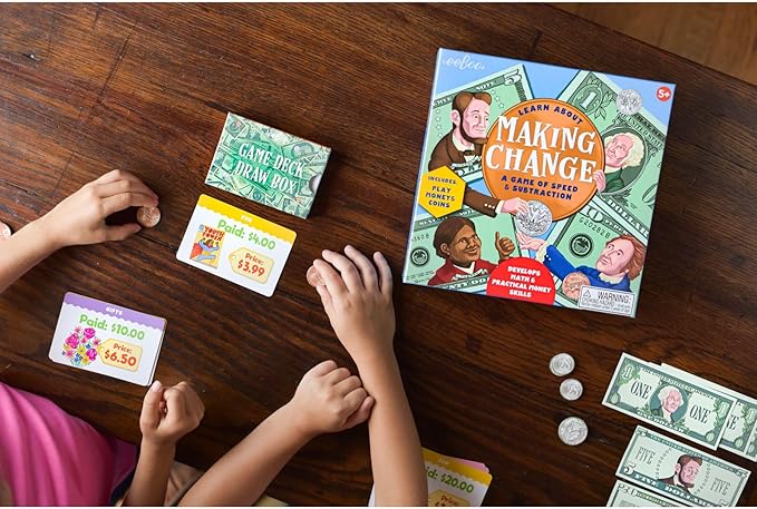 eeBoo: Making Change Game, 50 Item Cards with Play Money, Develop Math and Practical Money Skills, Perfect for Ages 5 and up