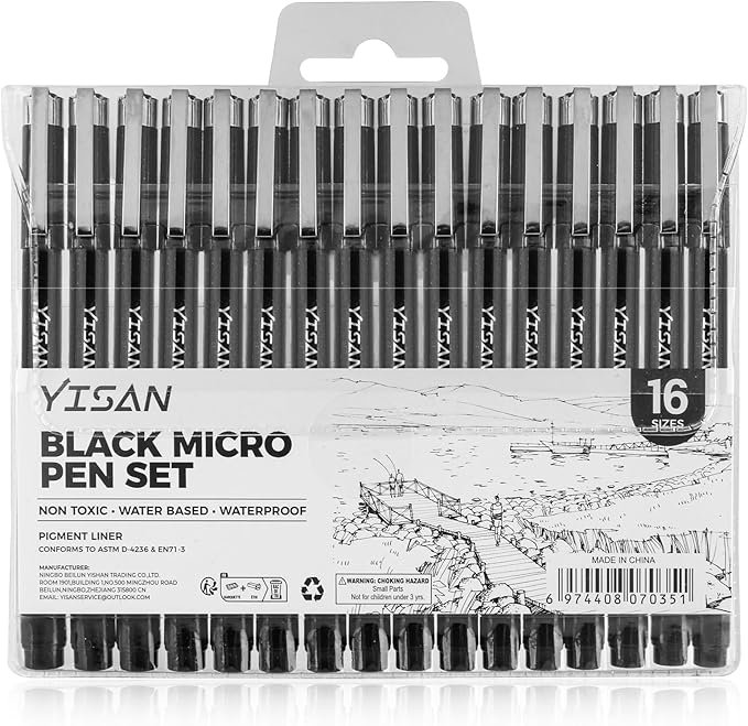 YISAN Black Drawing Art Markers,Micro Fineliner Manga Pens,Calligraphy Pens for Sketching Technical Drawing,16 set 70351
