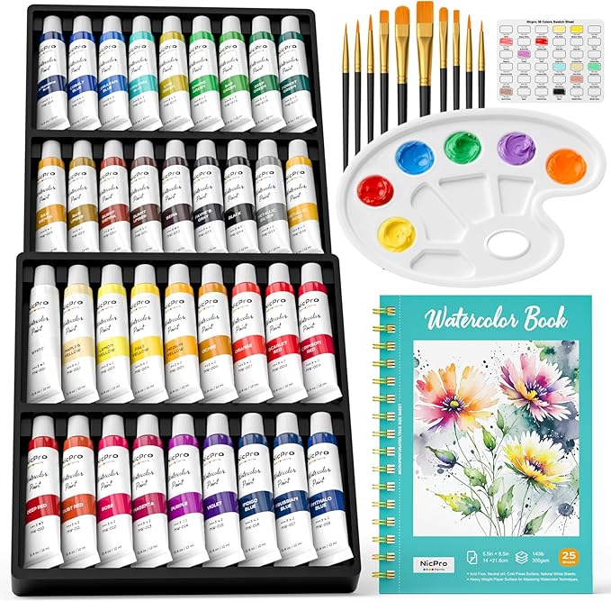 Nicpro Watercolor Paint Set for Adults, 36 Colors Watercolor Tube (12ml,0.4oz) with10 Paint Brushes, 25-Sheet Watercolor Paper Book, Palette, Water Color Painting Supplies for Artists Beginners Gift