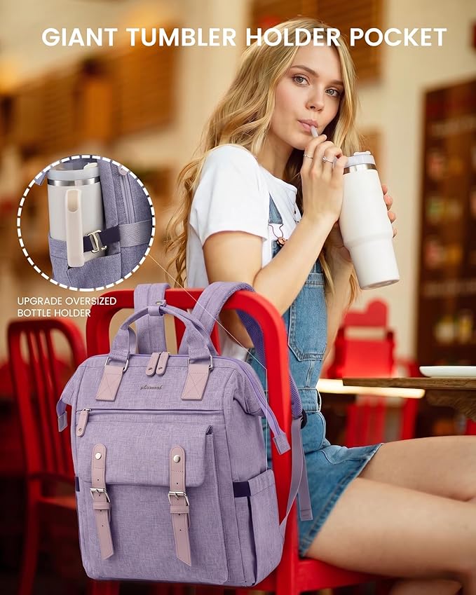 LOVEVOOK Laptop Backpack for Women, 15.6 inch Cute Teacher Nurse Work Bag with Giant Tumbler Holder (Fits Handles), Waterproof Travel Backpack Purse, Anti-Theft College Computer Bag with Pouch, Purple