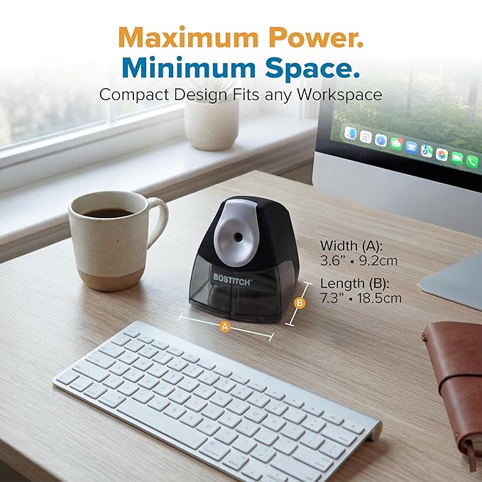 Bostitch Office Electric Pencil Sharpener for Classroom & Desk Use, Heavy-Duty Stall-Free Motor, High-Capacity Shavings Tray, Black
