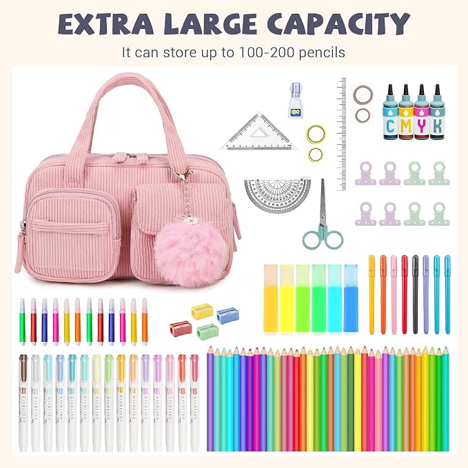 Pencil Case Corduroy Multiple Compartments Pouch Bag for Girl, Pink