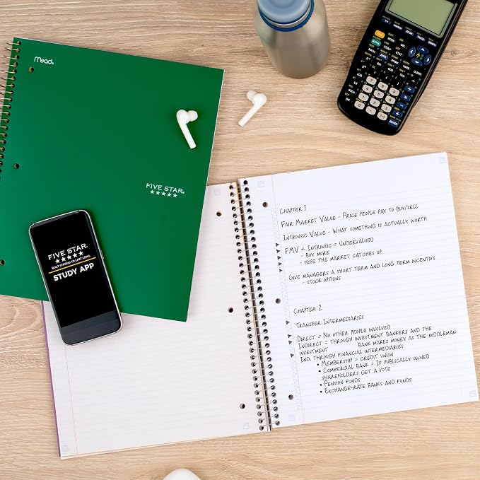 Five Star Spiral Notebook + Study App, 3 Subject, College Ruled Paper, Fights Ink Bleed, Water Resistant Cover, 8-1/2" x 11", 150 Sheets, Green (72067) (Pack of 6)