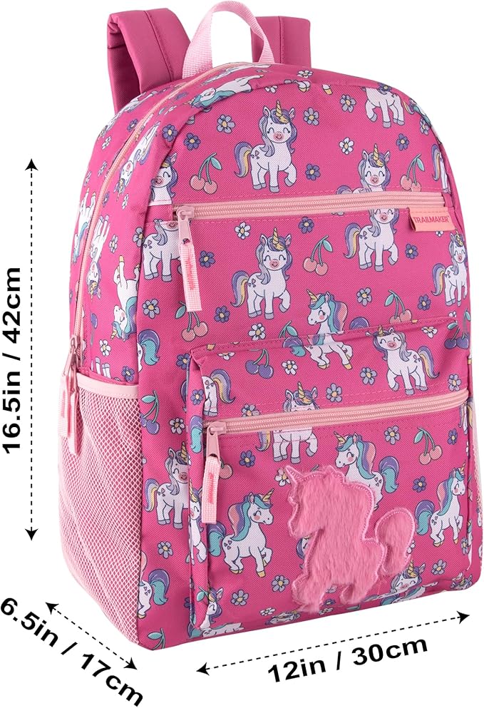 Trail maker 17” Kids Character School Backpacks Plush for Girls with Side Pockets, Padded Straps